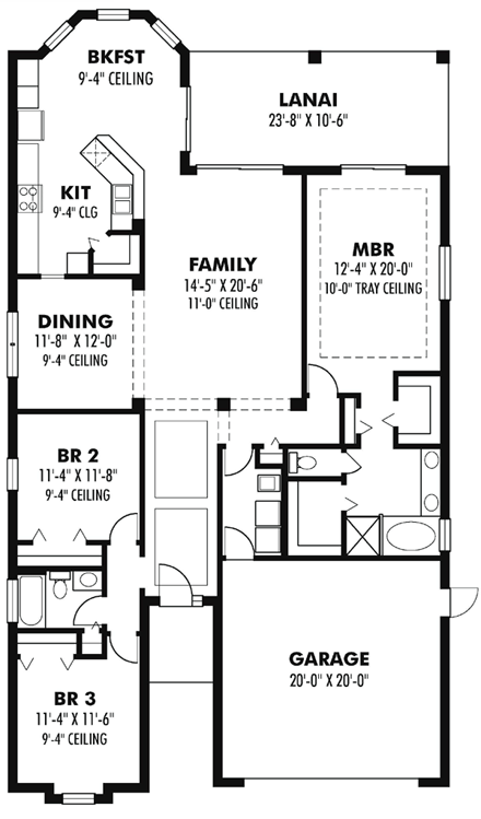 Florida, Traditional House Plan 66836 with 3 Beds, 2 Baths, 2 Car Garage First Level Plan
