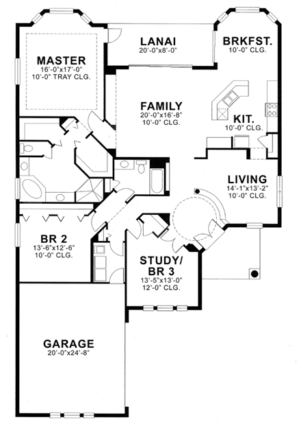 Florida House Plan 66857 with 3 Beds, 2 Baths, 2 Car Garage First Level Plan