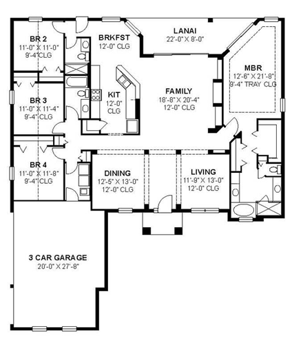 Contemporary, Florida, Traditional House Plan 66859 with 4 Beds, 3 Baths, 3 Car Garage First Level Plan