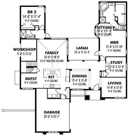 Contemporary, Florida, Prairie House Plan 66888 with 4 Beds, 3 Baths, 2 Car Garage First Level Plan