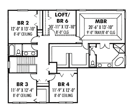 Colonial, Florida, Traditional House Plan 66890 with 5 Beds, 3 Baths, 2 Car Garage Second Level Plan
