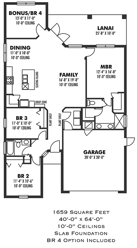 Florida House Plan 66921 with 4 Beds, 2 Baths, 2 Car Garage First Level Plan