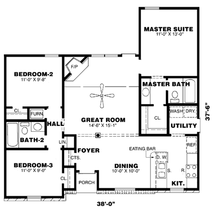 Ranch House Plan 67001 with 3 Beds, 2 Baths First Level Plan