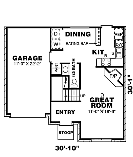 Narrow Lot, Traditional House Plan 67007 with 3 Beds, 3 Baths, 1 Car Garage First Level Plan