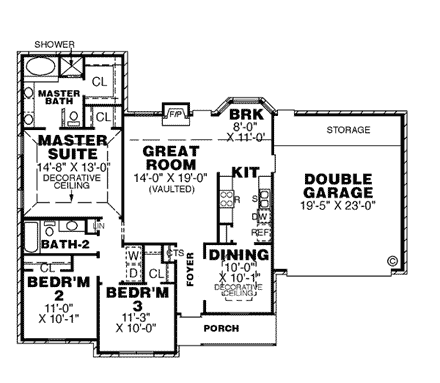 One-Story, Traditional House Plan 67017 with 3 Beds, 2 Baths, 2 Car Garage First Level Plan