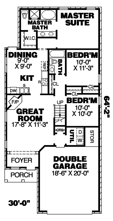 Narrow Lot, One-Story, Traditional House Plan 67020 with 3 Beds, 2 Baths, 2 Car Garage First Level Plan