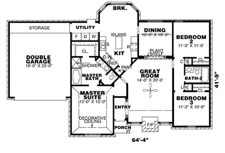 One-Story, Ranch House Plan 67044 with 3 Beds, 2 Baths, 2 Car Garage First Level Plan