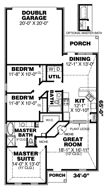 European, Narrow Lot, One-Story House Plan 67047 with 3 Beds, 2 Baths, 2 Car Garage First Level Plan