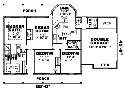 Country, One-Story House Plan 67049 with 3 Beds, 2 Baths, 2 Car Garage First Level Plan