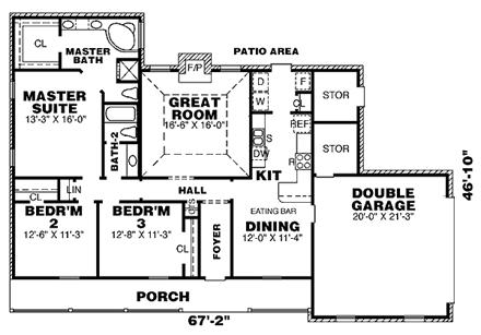 One-Story, Ranch House Plan 67051 with 3 Beds, 2 Baths, 2 Car Garage First Level Plan