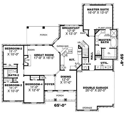 One-Story, Traditional House Plan 67077 with 4 Beds, 3 Baths, 2 Car Garage First Level Plan