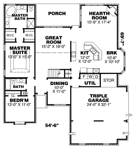 European, One-Story House Plan 67079 with 4 Beds, 3 Baths, 3 Car Garage First Level Plan
