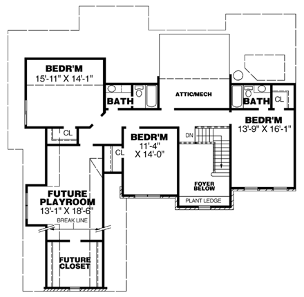 Colonial House Plan 67119 with 4 Beds, 4 Baths, 3 Car Garage Second Level Plan