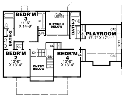Colonial House Plan 67123 with 4 Beds, 4 Baths, 2 Car Garage Second Level Plan