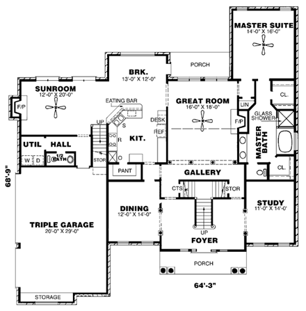 Colonial House Plan 67124 with 4 Beds, 4 Baths, 3 Car Garage First Level Plan
