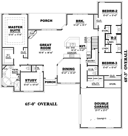 Traditional House Plan 67149 with 3 Beds, 3 Baths, 2 Car Garage First Level Plan