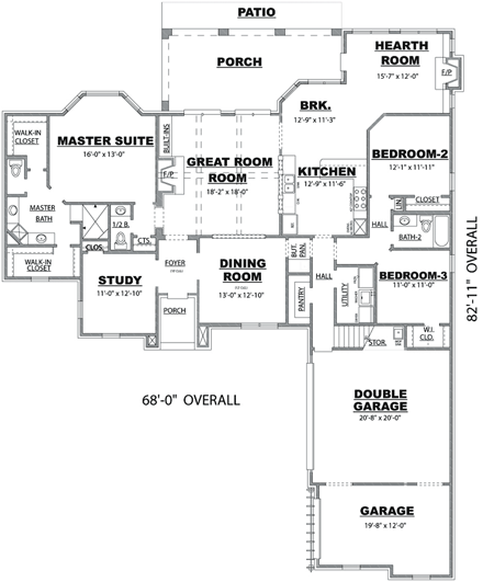 Bungalow, Cottage, Craftsman, European, Traditional House Plan 67155 with 3 Beds, 2 Baths, 3 Car Garage First Level Plan