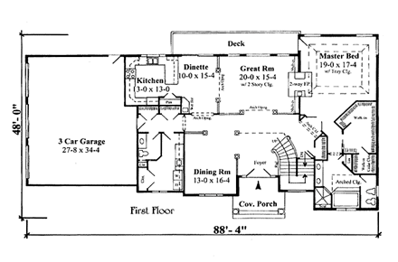 European House Plan 67268 with 4 Beds, 4 Baths, 2 Car Garage First Level Plan