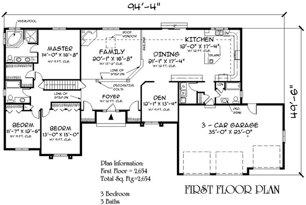One-Story, Ranch House Plan 67289 with 3 Beds, 3 Baths, 3 Car Garage Level One
