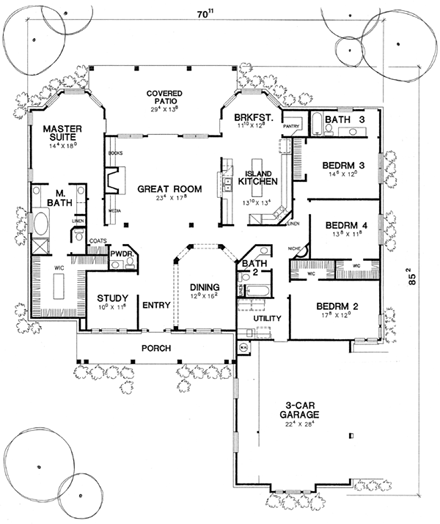 Country, European, One-Story House Plan 67403 with 4 Beds, 4 Baths, 3 Car Garage First Level Plan