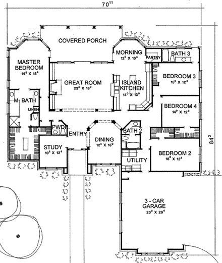 European, One-Story House Plan 67404 with 4 Beds, 4 Baths, 2 Car Garage First Level Plan