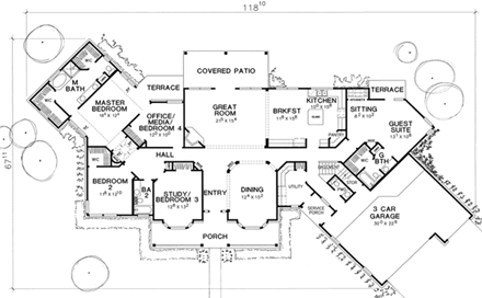 Traditional House Plan 67413 with 4 Beds, 4 Baths, 3 Car Garage First Level Plan