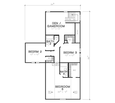 European House Plan 67419 with 5 Beds, 4 Baths, 2 Car Garage Second Level Plan