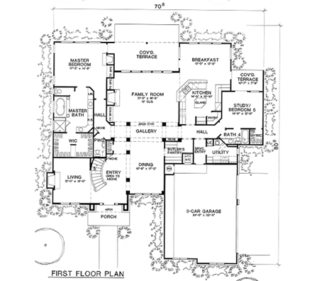 European House Plan 67452 with 4 Beds, 5 Baths, 3 Car Garage First Level Plan