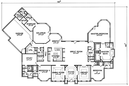 One-Story, Traditional House Plan 67454 with 3 Beds, 6 Baths, 3 Car Garage First Level Plan