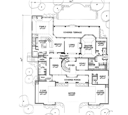 European House Plan 67456 with 4 Beds, 5 Baths, 2 Car Garage First Level Plan