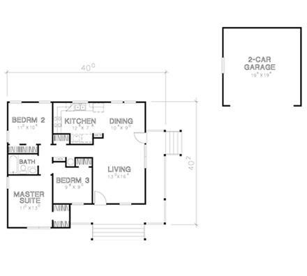 Ranch House Plan 67600 with 3 Beds, 1 Baths, 2 Car Garage First Level Plan