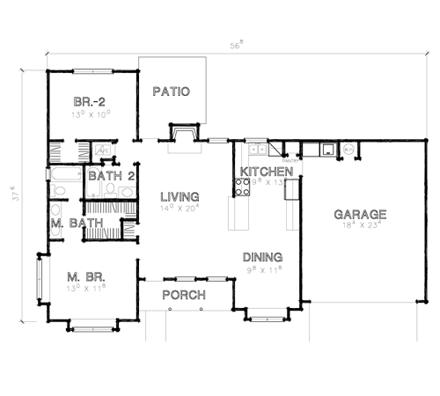 One-Story, Ranch House Plan 67601 with 2 Beds, 2 Baths, 2 Car Garage First Level Plan