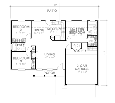 One-Story, Traditional House Plan 67603 with 3 Beds, 2 Baths, 2 Car Garage First Level Plan