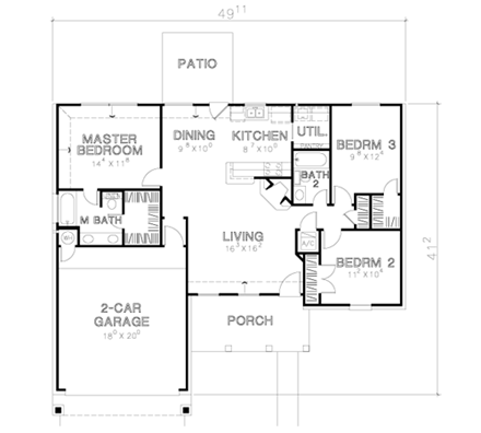 One-Story, Traditional House Plan 67609 with 3 Beds, 2 Baths, 2 Car Garage First Level Plan