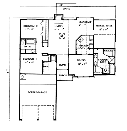 European, One-Story House Plan 67613 with 3 Beds, 2 Baths, 2 Car Garage First Level Plan
