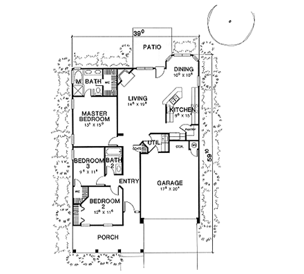 Narrow Lot, One-Story, Traditional House Plan 67623 with 3 Beds, 2 Baths, 1 Car Garage First Level Plan