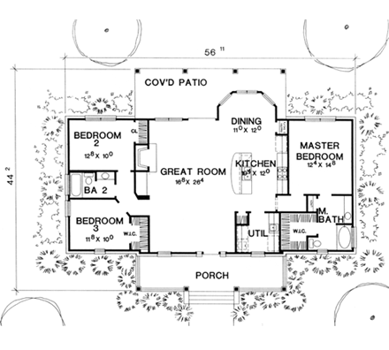 Country, One-Story House Plan 67633 with 3 Beds, 2 Baths First Level Plan