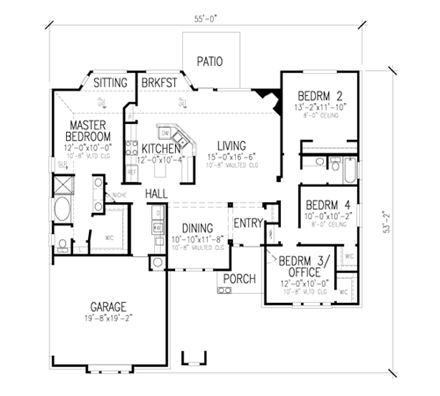 European, One-Story House Plan 67666 with 4 Beds, 2 Baths, 2 Car Garage First Level Plan