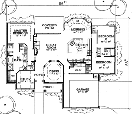 European, One-Story House Plan 67715 with 3 Beds, 3 Baths, 2 Car Garage First Level Plan