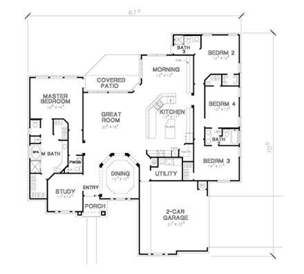 European, One-Story House Plan 67766 with 4 Beds, 4 Baths, 2 Car Garage First Level Plan