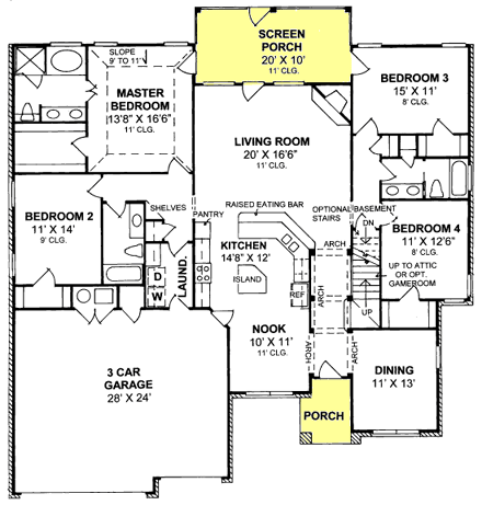 European House Plan 67884 with 4 Beds, 3 Baths, 3 Car Garage First Level Plan