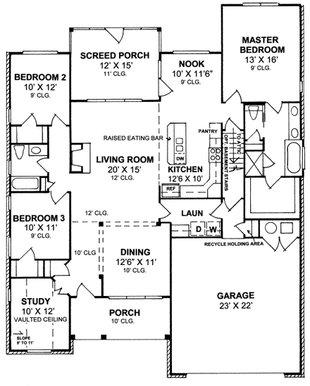Cottage, Country House Plan 67885 with 3 Beds, 2 Baths, 2 Car Garage First Level Plan