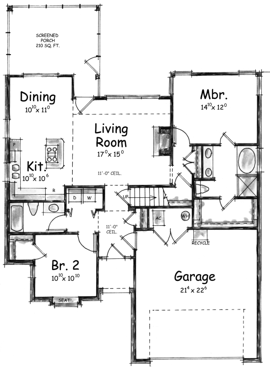 European House Plan 67886 with 2 Beds, 2 Baths, 2 Car Garage Level One