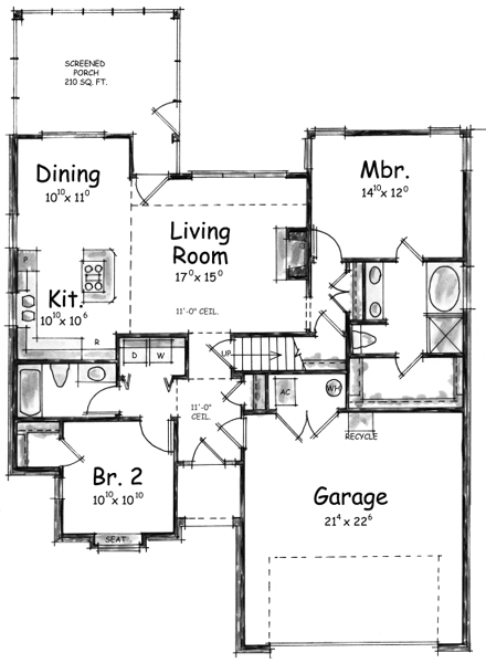 European House Plan 67886 with 2 Beds, 2 Baths, 2 Car Garage First Level Plan