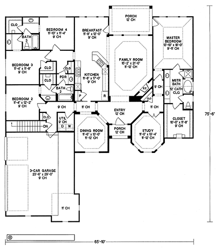 European, One-Story, Victorian House Plan 68136 with 4 Beds, 3 Baths, 3 Car Garage First Level Plan