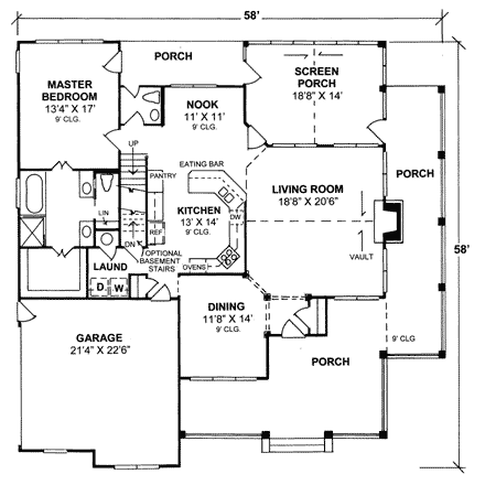 Country, Farmhouse, Southern House Plan 68176 with 4 Beds, 4 Baths, 2 Car Garage First Level Plan