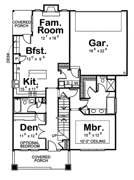 Bungalow, Narrow Lot House Plan 68191 with 3 Beds, 3 Baths, 2 Car Garage First Level Plan