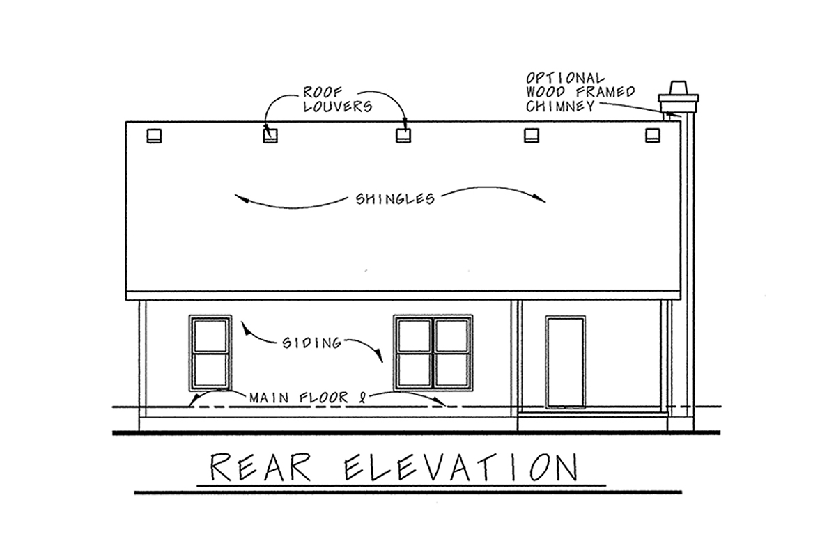 Craftsman Plan with 1195 Sq. Ft., 3 Bedrooms, 2 Bathrooms, 2 Car Garage Rear Elevation