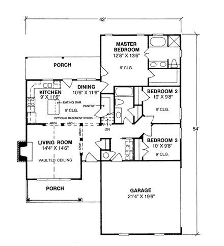 Traditional House Plan 68232 with 3 Beds, 2 Baths, 2 Car Garage First Level Plan