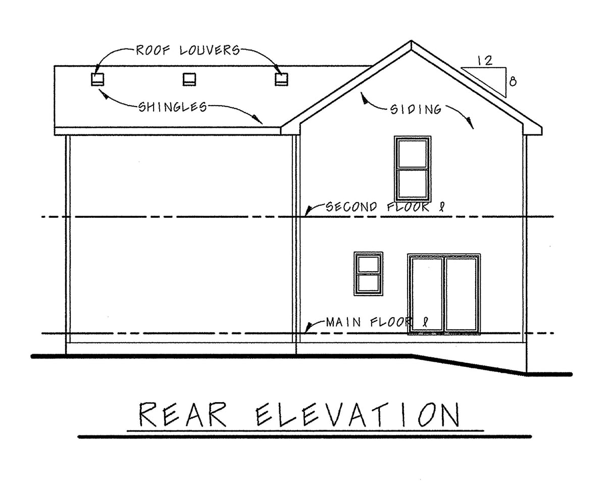 Craftsman Plan with 1568 Sq. Ft., 3 Bedrooms, 3 Bathrooms, 2 Car Garage Rear Elevation
